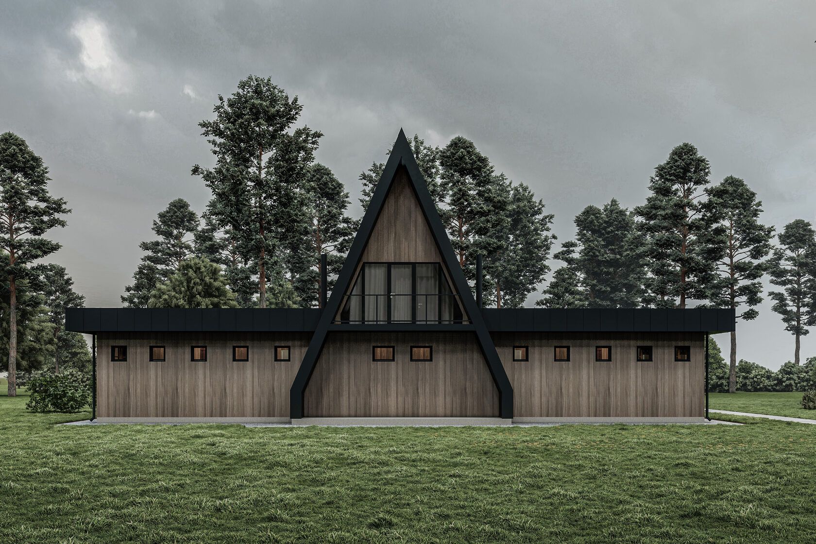 Chalet Waldlicht: Front mit Giebel und Seitenflügeln