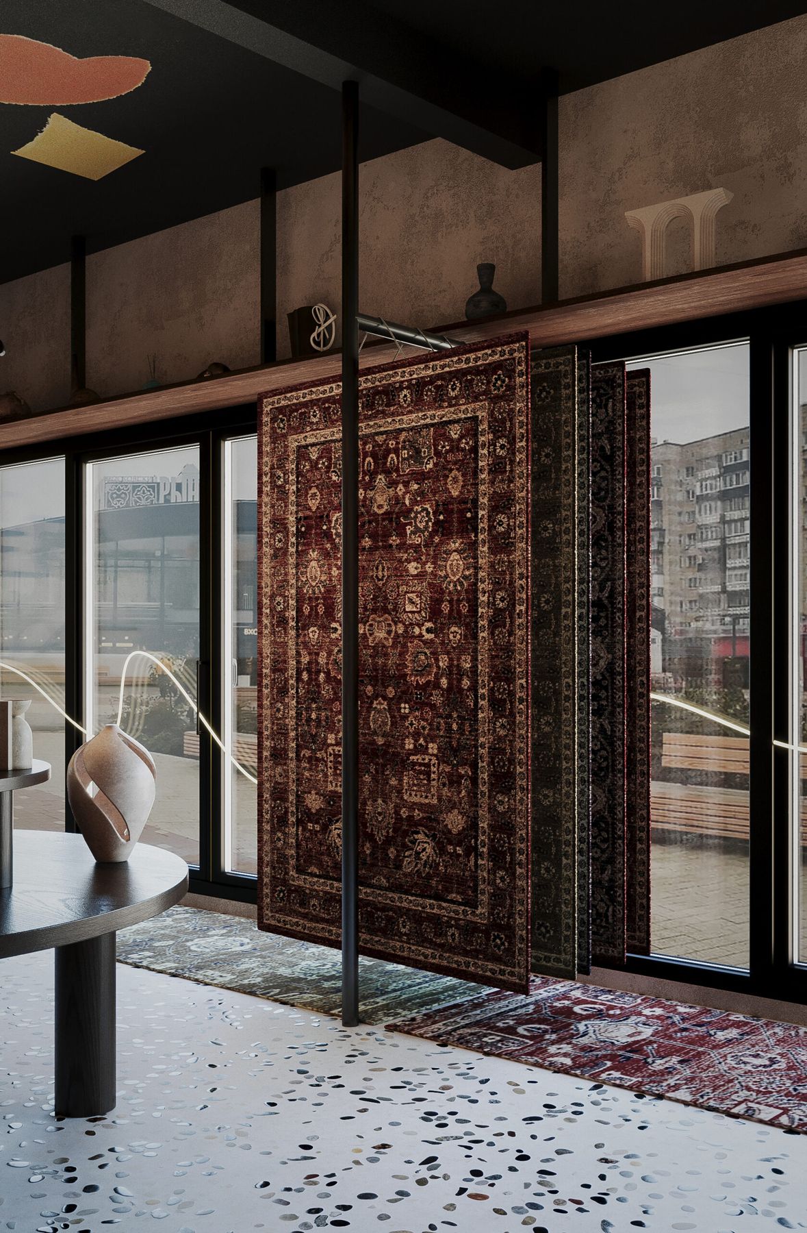 Galerie Ornament: Teppich an Schiene vor der Fensterfront