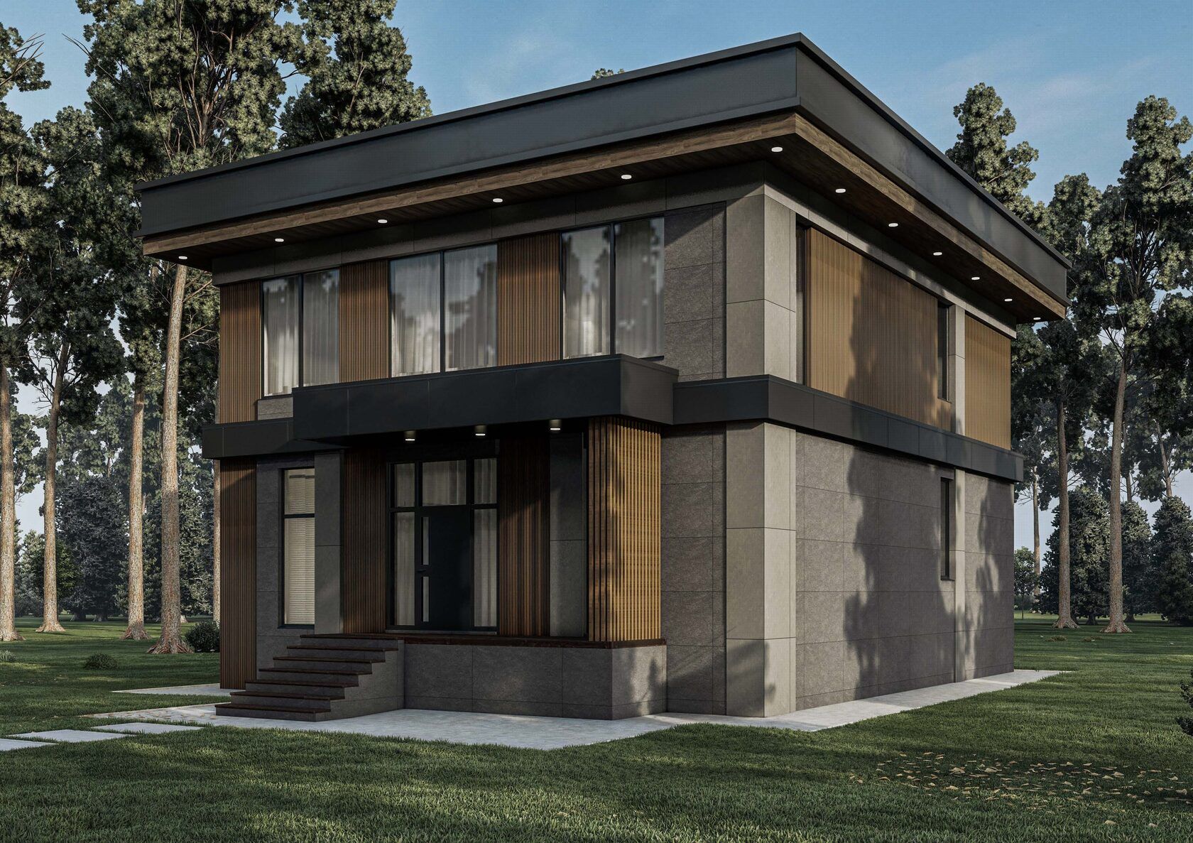 Haus Monolith: Eingang mit Treppe und Vordach