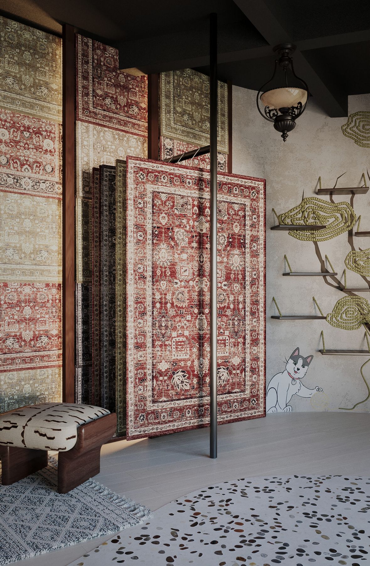 Galerie Ornament: Teppich an Schiene, Hocker