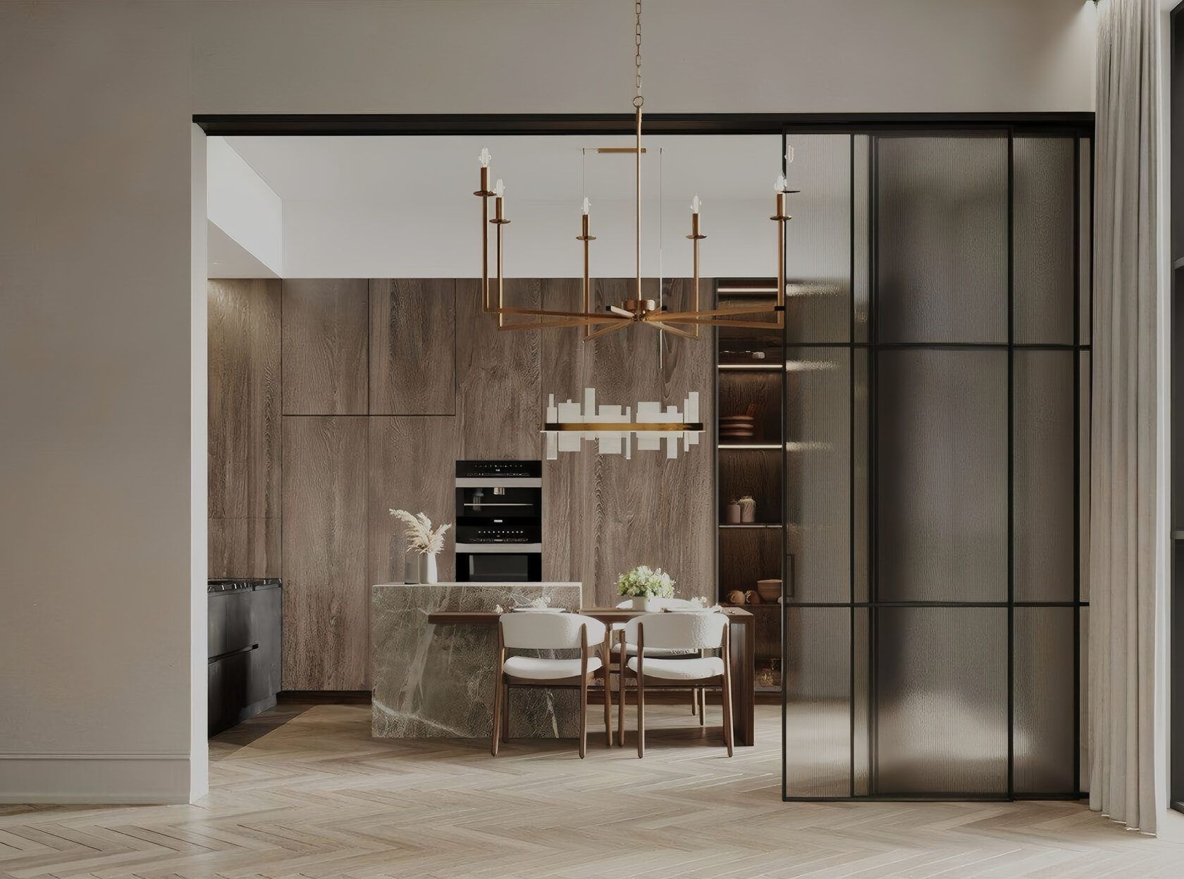 Salon Lumière: Küche hinter Glasschiebetür