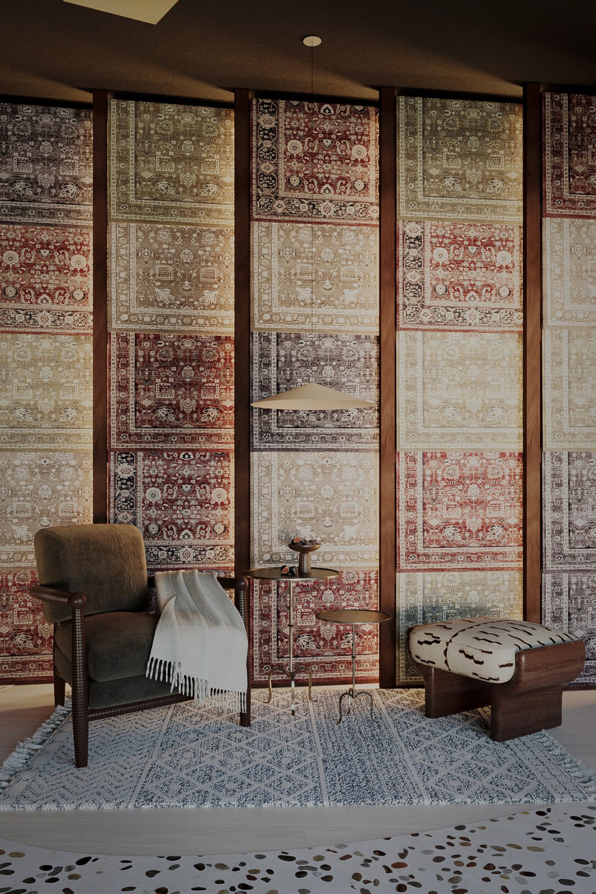 Galerie Ornament: Sitzecke vor der Teppichwand
