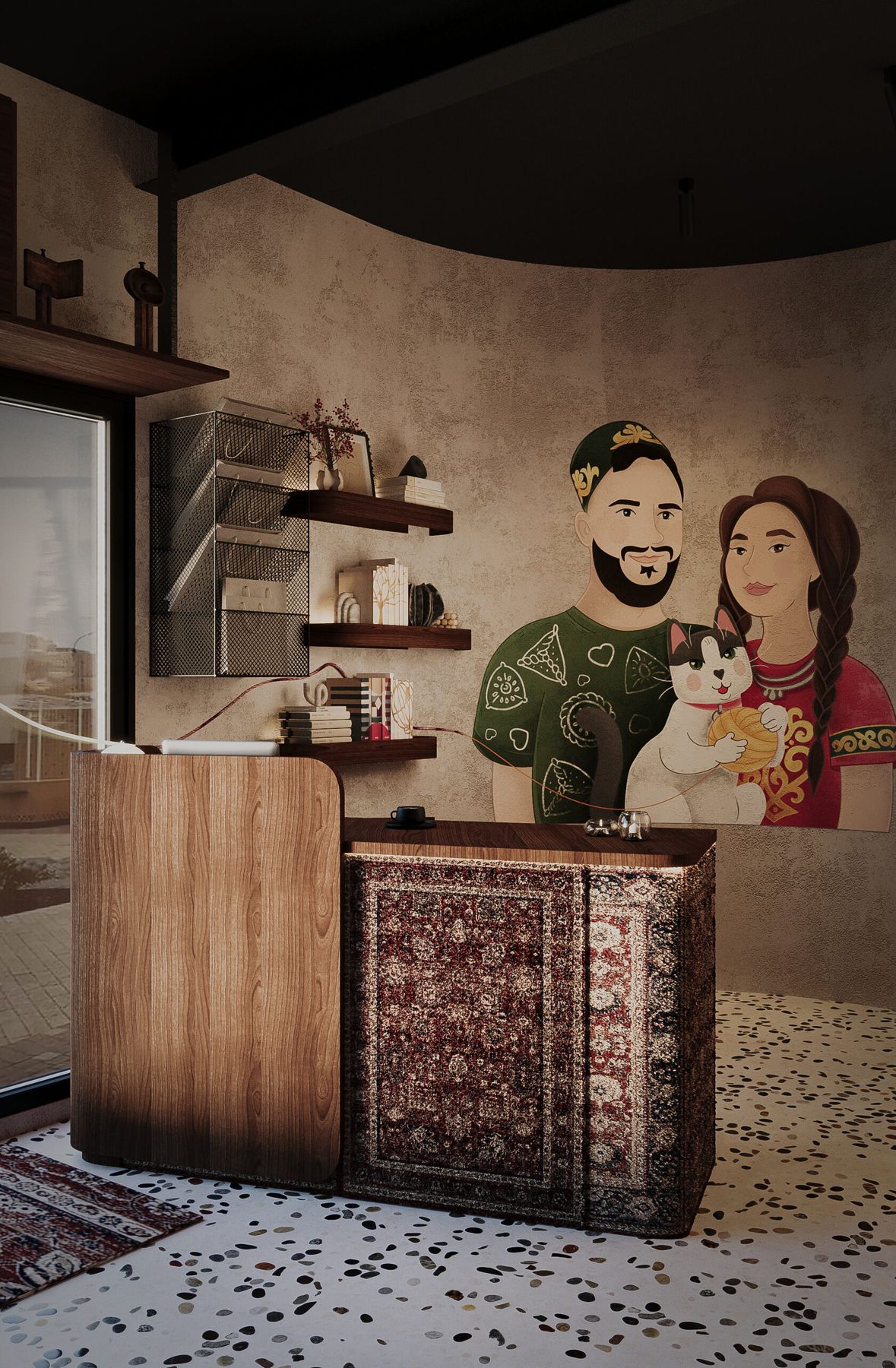Galerie Ornament: Verkaufstresen und Teppichwand