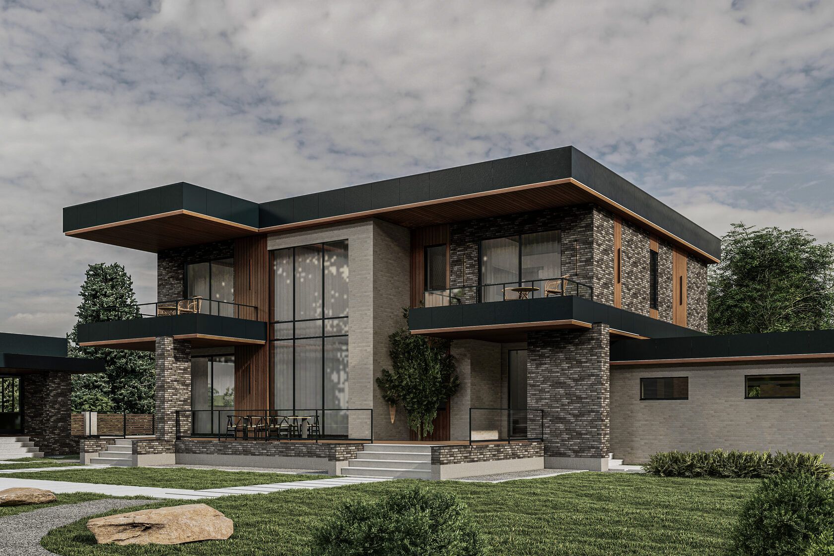 Villa Steinlicht: вход с лестницей и стеклянным фасадом