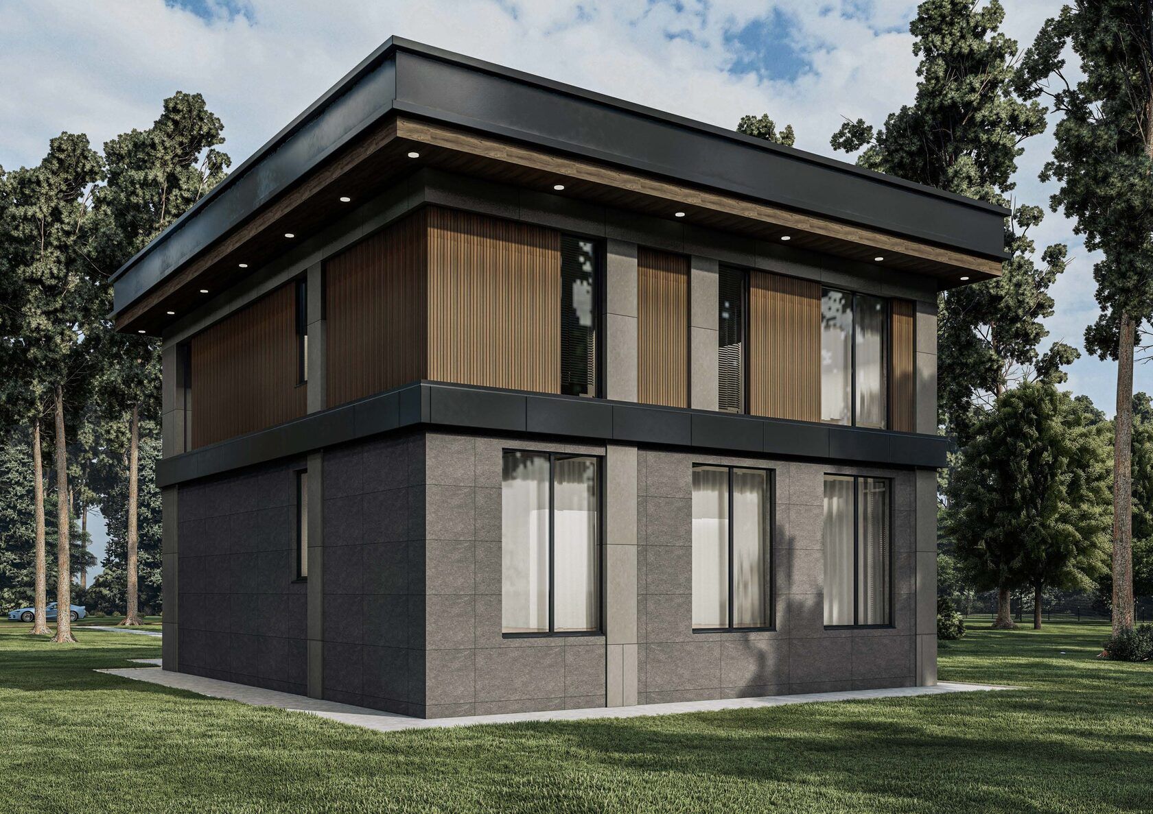 Haus Monolith: Gegenecke mit Lamellen und Platten