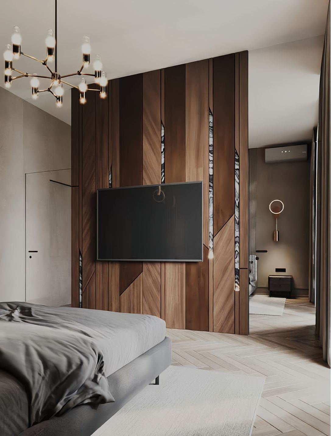 Salon Lumière: Schlafzimmer mit Holzwand und TV