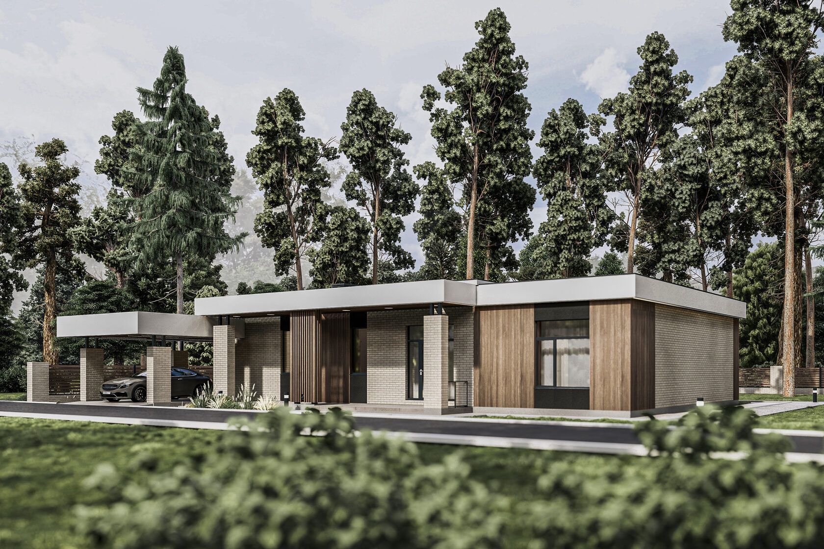 Villa Horizont: Seitenansicht mit Holzpaneelen