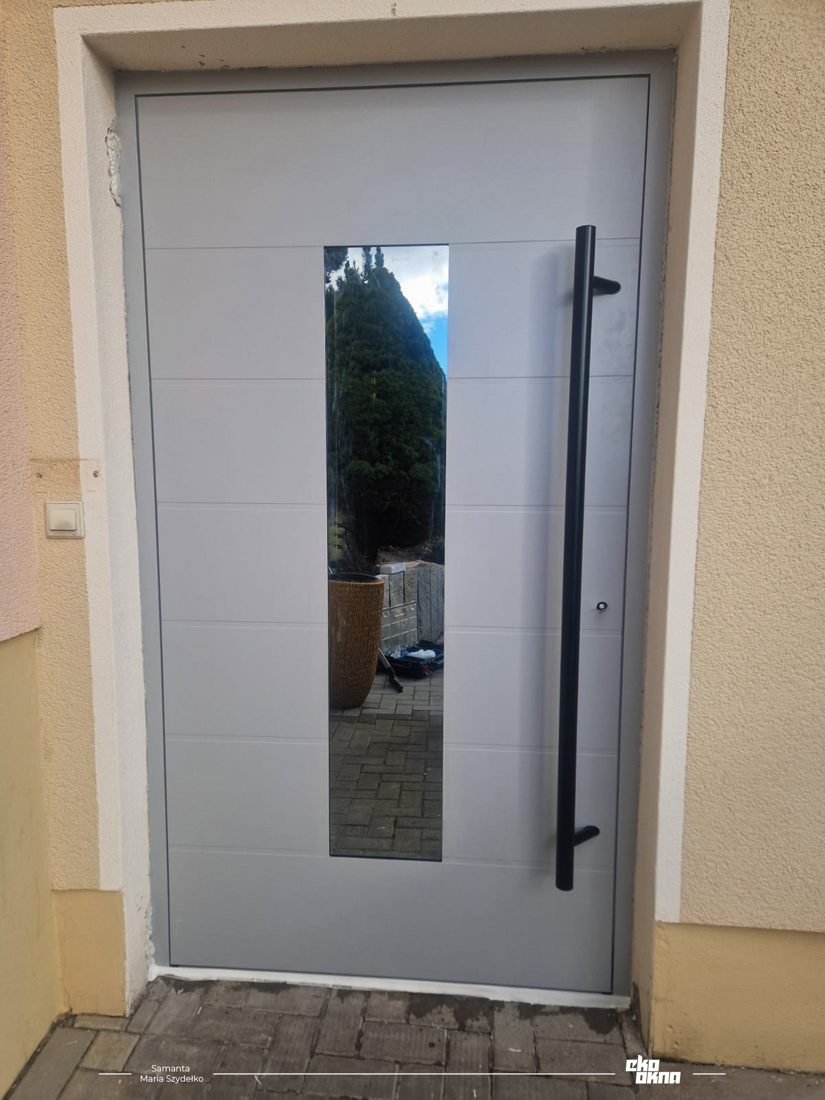 Aluminium-Haustür mit Glasstreifen und Stangengriff