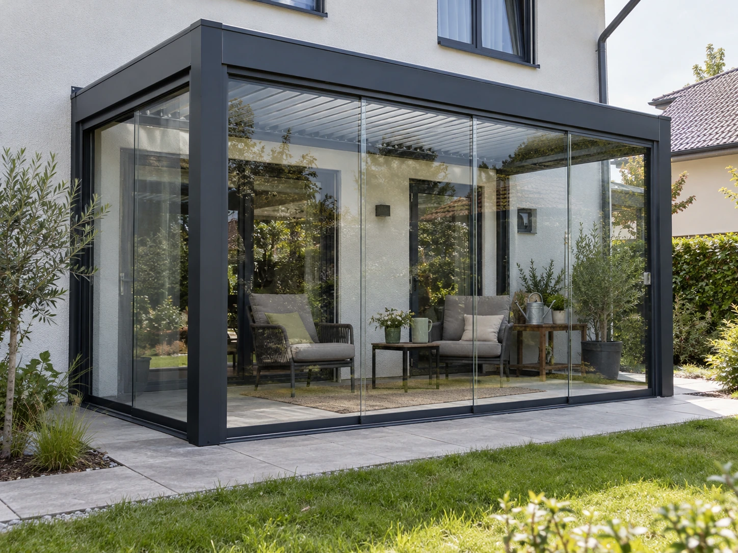 Terrassenverglasung an der Hausfassade — Visualisierung